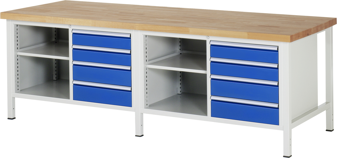 Werkbank Modell 8463, B 2500xT 900xH 840-1040mm, Buche-Massiv-Platte 40mm