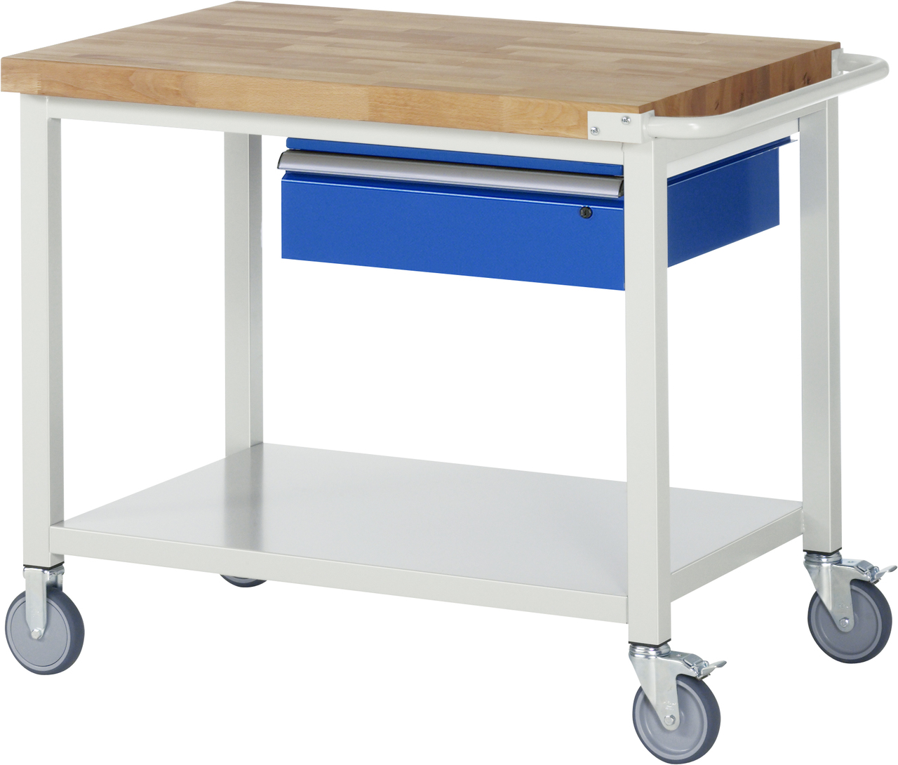 Fahrbare Werkbank Modell 8001, B 1000xT 700xH 880-1080mm, Buche-Massiv-Platte 40mm