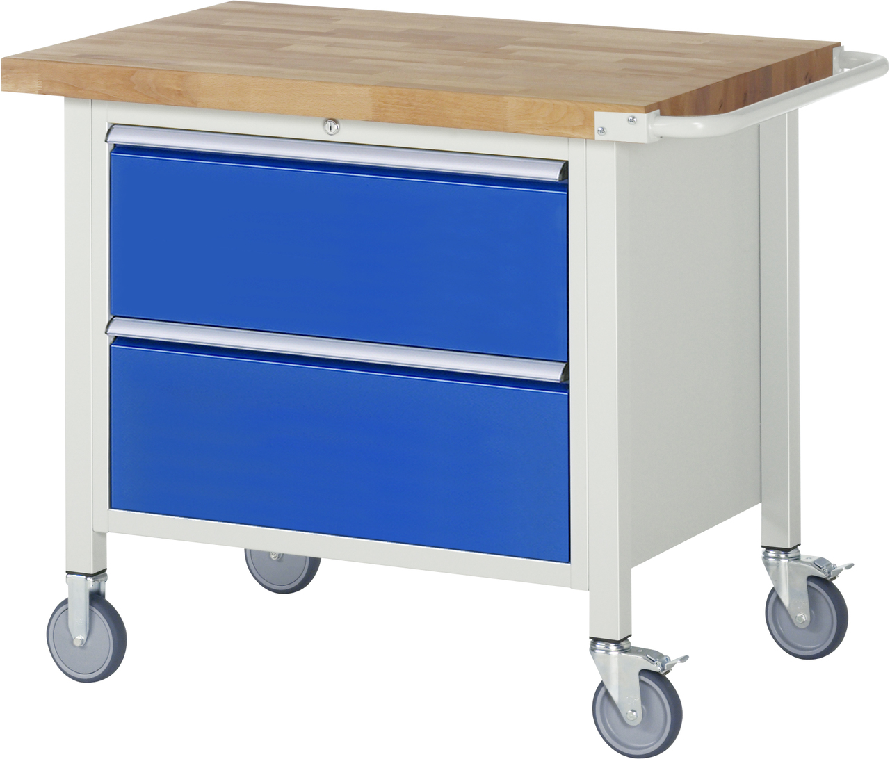 Fahrbare Werkbank Modell 8255, B 1000xT 700xH 880-1080mm, Buche-Massiv-Platte 40mm