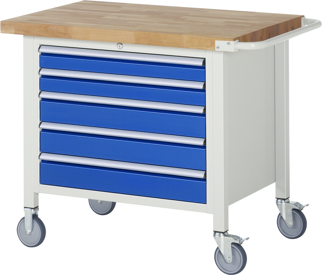 Fahrbare Werkbank Modell 8271, B 1000xT 700xH 880-1080mm, Buche-Massiv-Platte 40mm