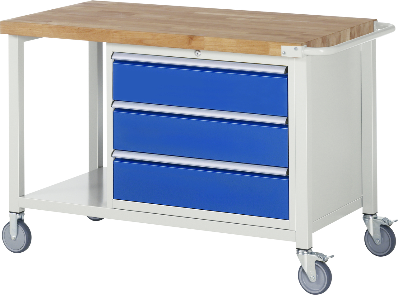Fahrbare Werkbank Modell 8257, B 1250xT 700xH 880mm, Buche-Massiv-Platte 40mm