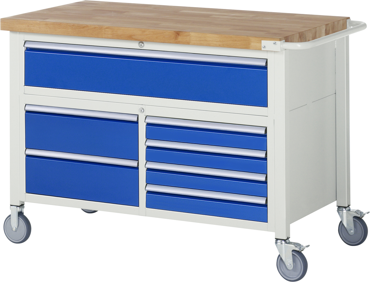 Fahrbare Werkbank Modell 8921, B 1250xT 700xH 880mm, Buche-Massiv-Platte 40mm