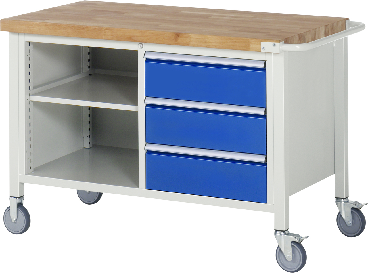 Fahrbare Werkbank Modell 8462, B 1250xT 700xH 880mm, Buche-Massiv-Platte 40mm