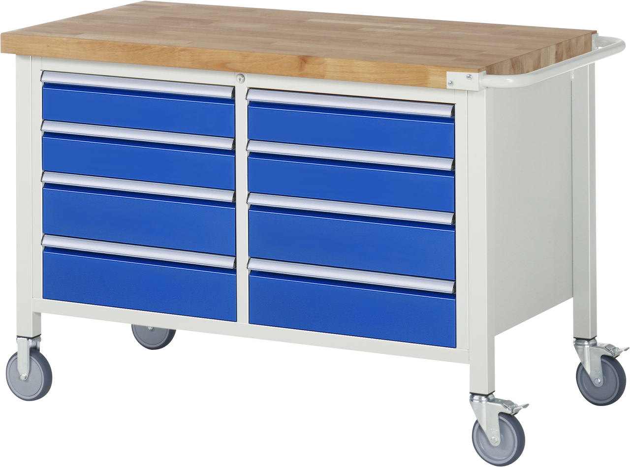 Fahrbare Werkbank Modell 8477, B 1250xT 700xH 880mm, Buche-Massiv-Platte 40mm