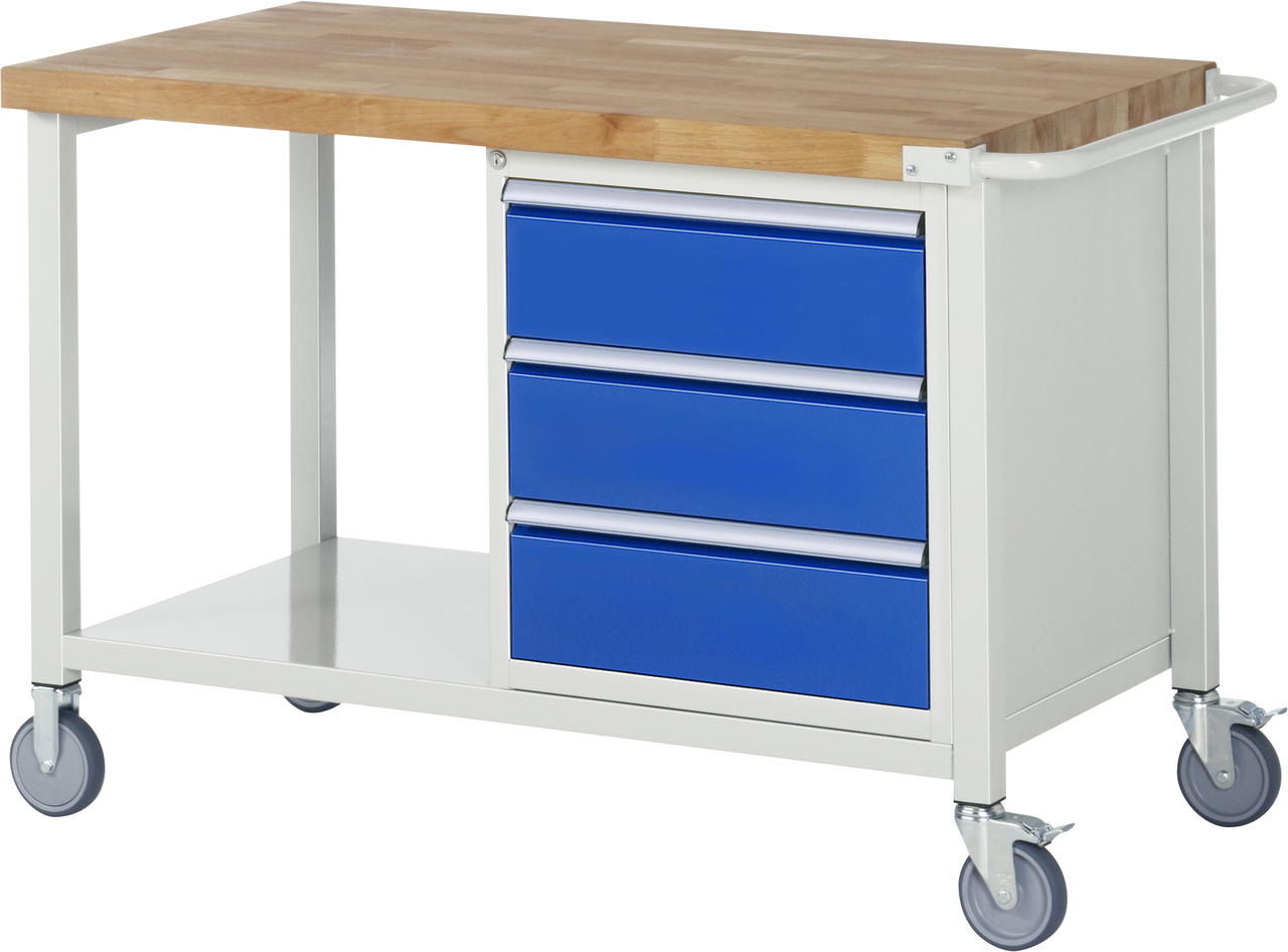 Fahrbare Werkbank Modell 8157, B 1250xT 700xH 880mm, Buche-Massiv-Platte 40mm