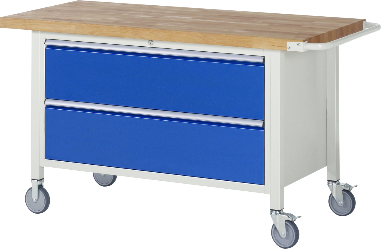 Fahrbare Werkbank Modell 8355, B 1500xT 700xH 880-1080mm, Buche-Massiv-Platte 40mm