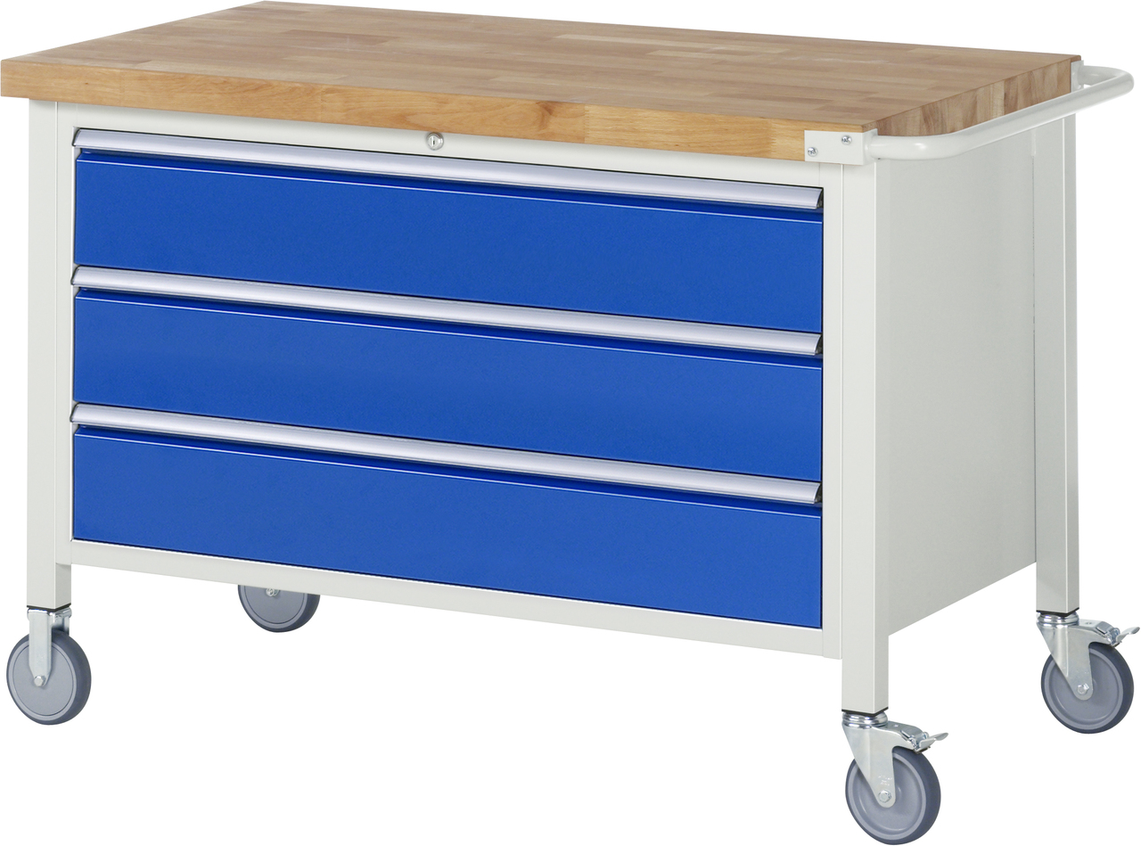 Fahrbare Werkbank Modell 8357, B 1250xT 700xH 880-1080mm, Buche-Massiv-Platte 40mm