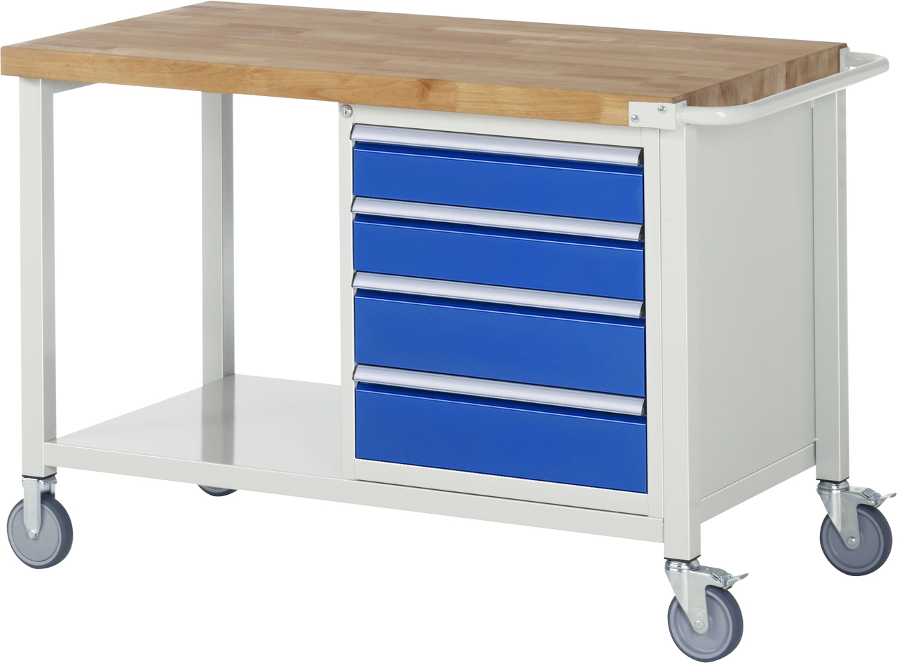 Fahrbare Werkbank Modell 8162, B 1250xT 700xH 880-1080mm, Buche-Massiv-Platte 40mm