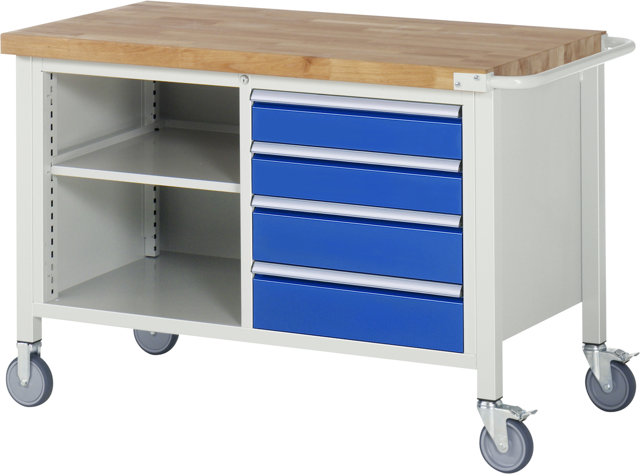 Fahrbare Werkbank Modell 8463, B 1250xT 700xH 880-1080mm, Buche-Massiv-Platte 40mm