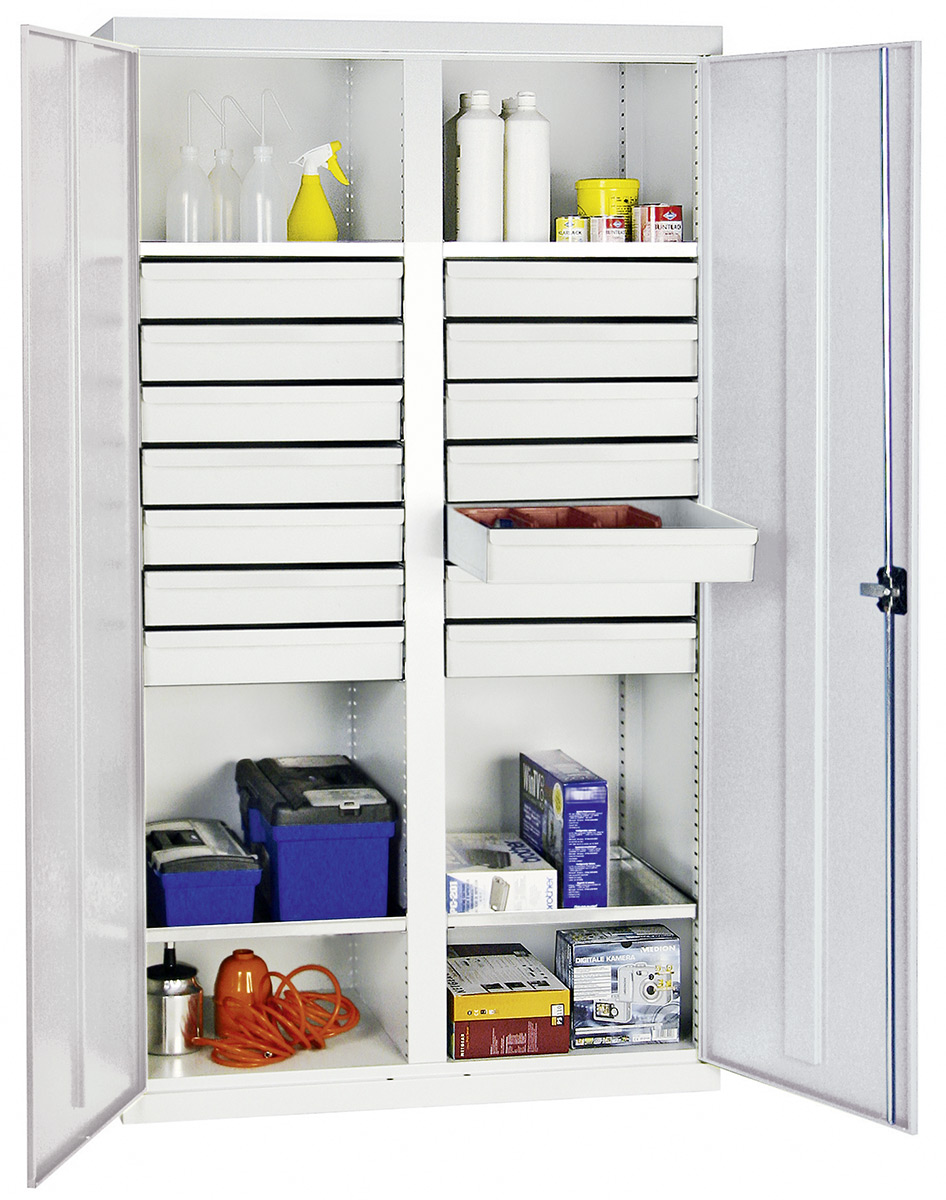 Werkstattschrank 1800 x 1000 x 500 mm HxBxT mit Trennwand und 14 Schubladen