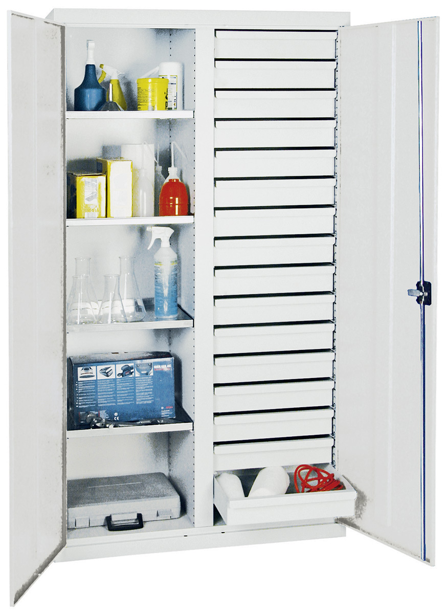 Werkstattschrank 1800 x 1000 x 500 mm HxBxT mit Trennwand und 16 Schubladen