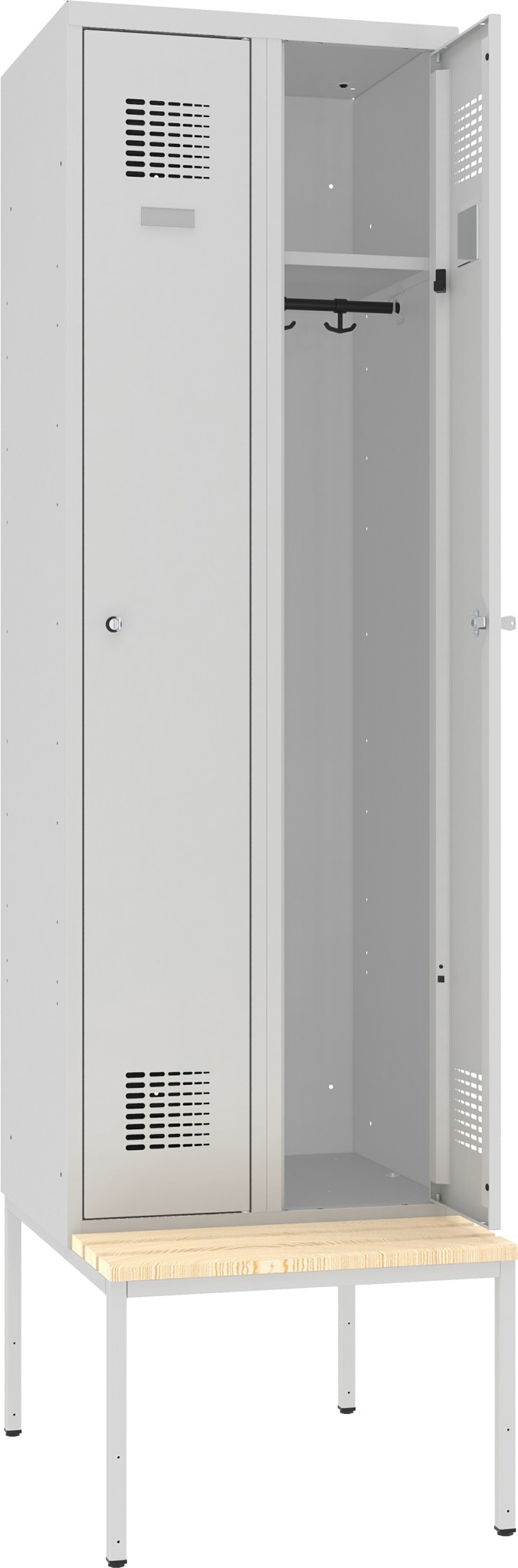 Garderobenschrank, 2 Abteile mit je 300 mm Abteilbreite, auf Untergebauter Sitzbank