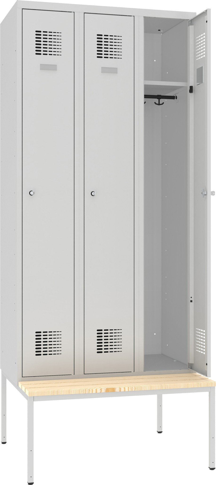 Garderobenschrank, 3 Abteile mit je 300 mm Abteilbreite, auf Untergebauter Sitzbank