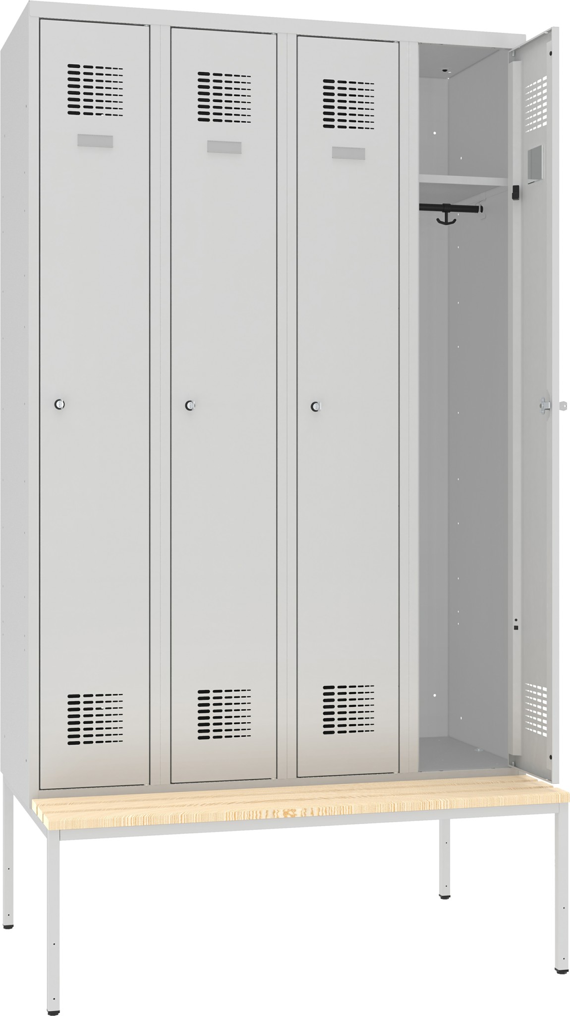 Garderobenschrank, 4 Abteile mit 300 mm Abteilbreite, auf Untergebauter Sitzbank