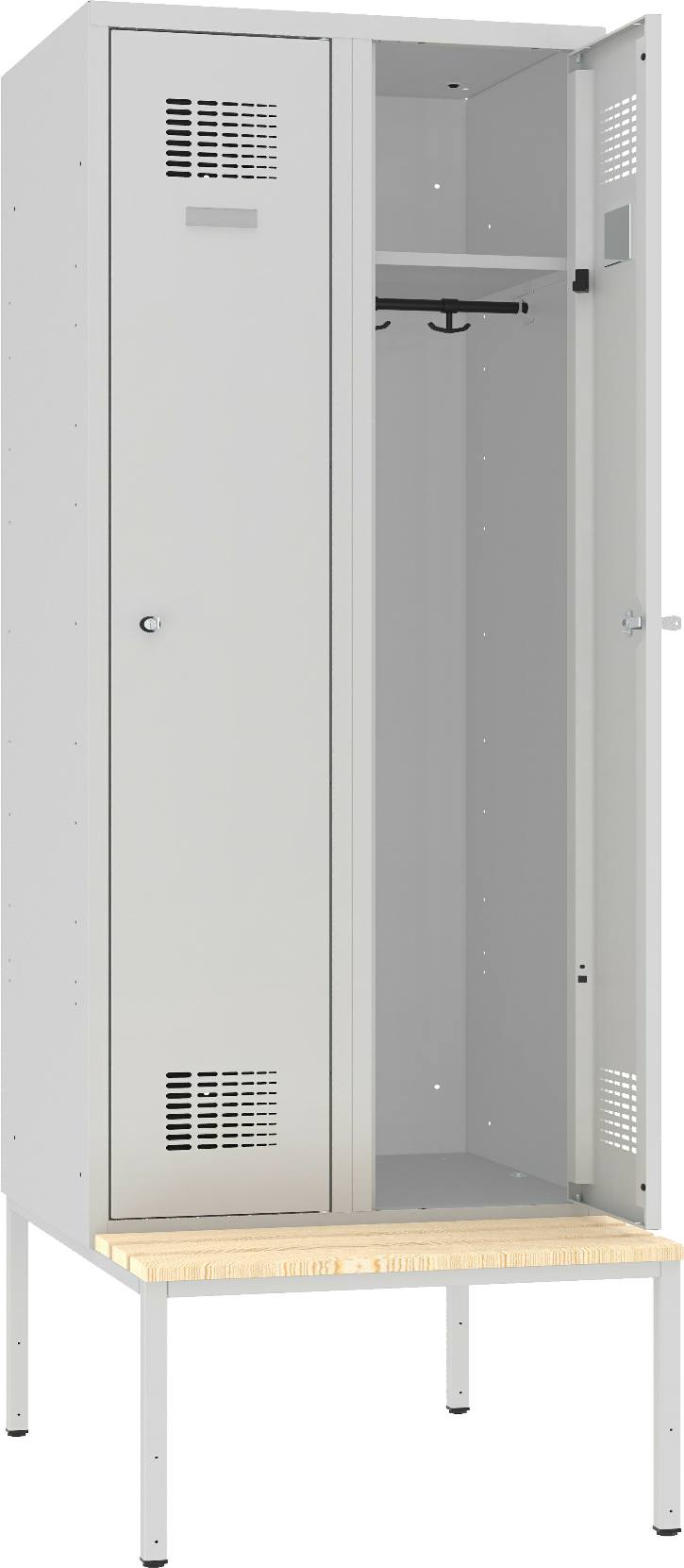 Garderobenschrank, 2 Abteile mit je 400 mm Abteilbreite, auf Untergebauter Sitzbank
