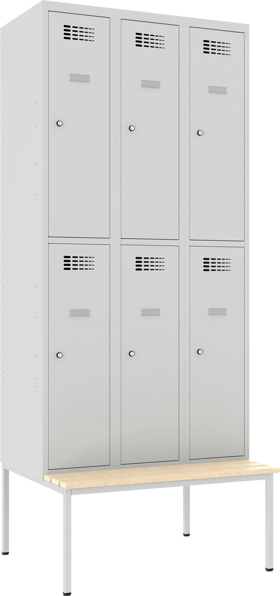 Garderobenschrank Breite 900 mm, 3 Abteile auf untergebauter Sitzbank