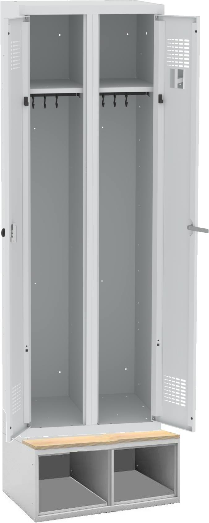 Garderobenschrank, 2 Abteile mit 300 mm Abteilbreite gemeinsam schliessend auf Schuhfach mit Sitzbank