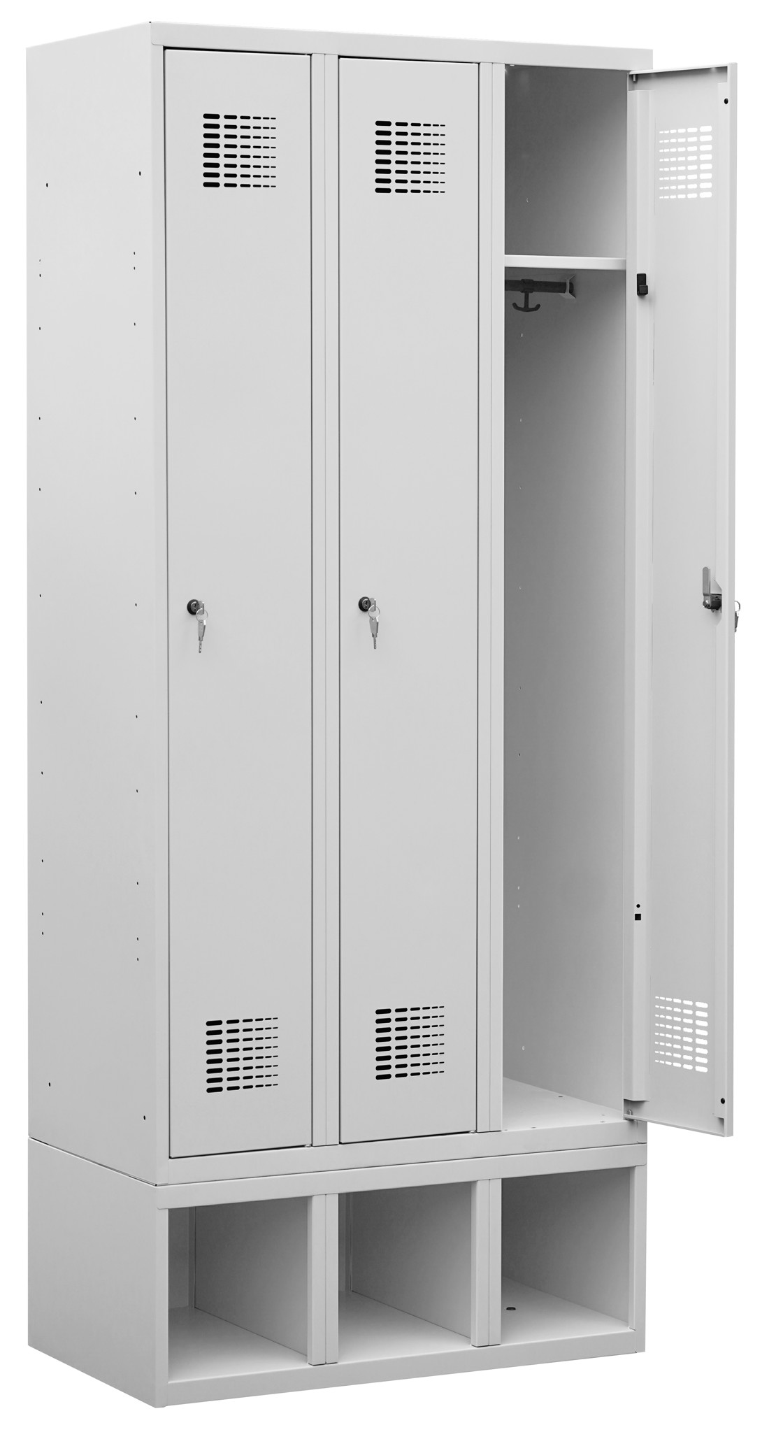 Garderobenschrank auf Schuhfach, 3 Abteile mit 300 mm Abteilbreite