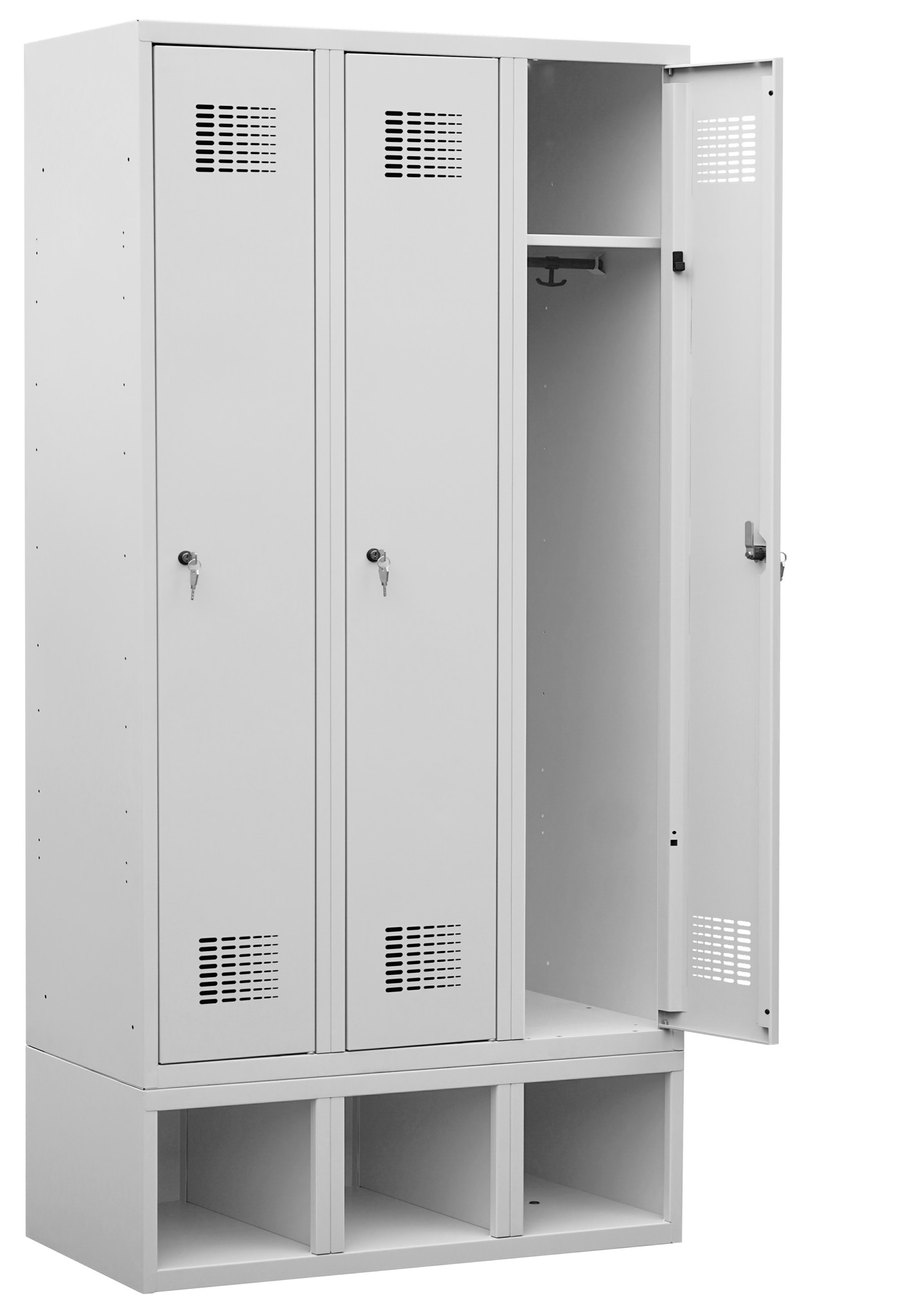 Garderobenschrank auf Schuhfach, 3 Abteile mit 400 mm Abteilbreite