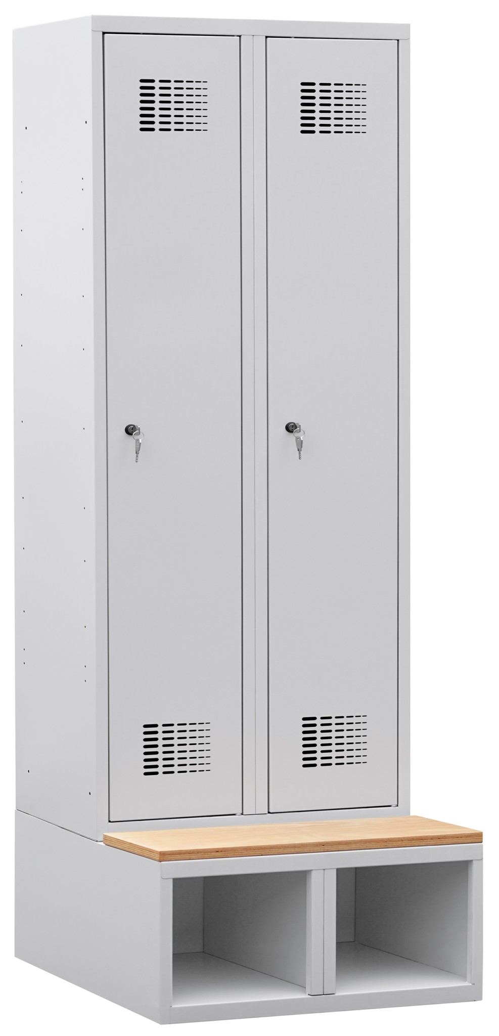 Garderobenschrank auf Schuhfach mit Sitzbank, 2 Abteile mit 400 mm Abteilbreite