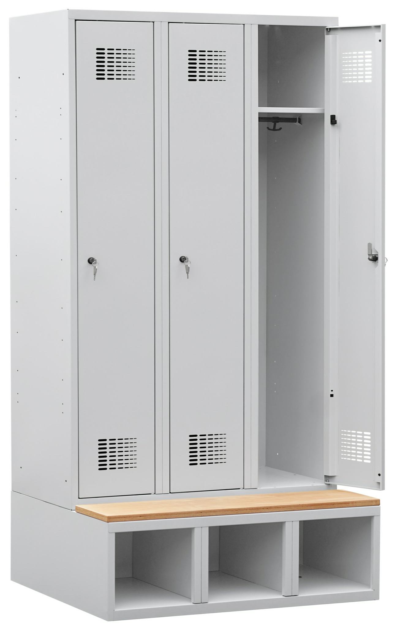 Garderobenschrank auf Schuhfach mit Sitzbank, 3 Abteile mit 400 mm Abteilbreite