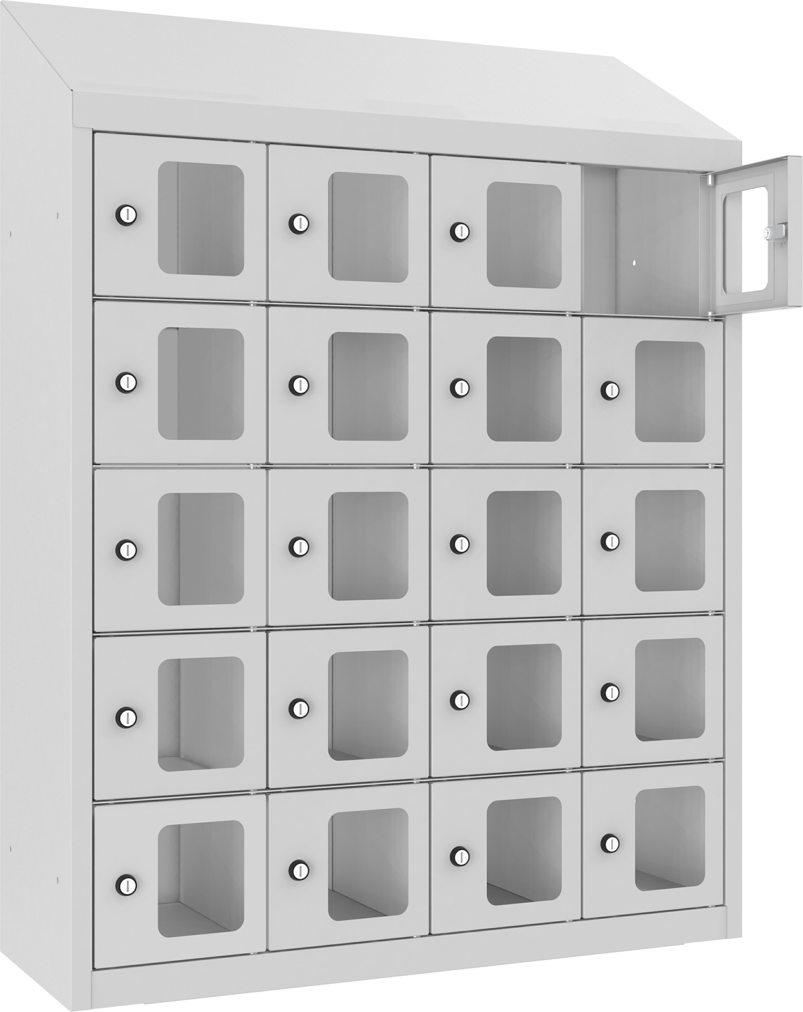 Wandschliessfachschrank mit Schrägdach und Sichtfenster SUS 245WP, 810 mm, 4 Abteil mit 5 Fächer übereinander, Total 20 Fächer