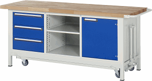 Werkbank mit absenkbarem Fahrgestell Modell 8563, B 2000xT 700xH 880mm, Buche-Massiv-Platte 40mm