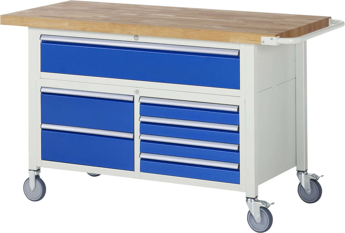 Fahrbare Werkbank Modell 8921, B 1500xT 700xH 920mm, Buche-Massiv-Platte 40mm