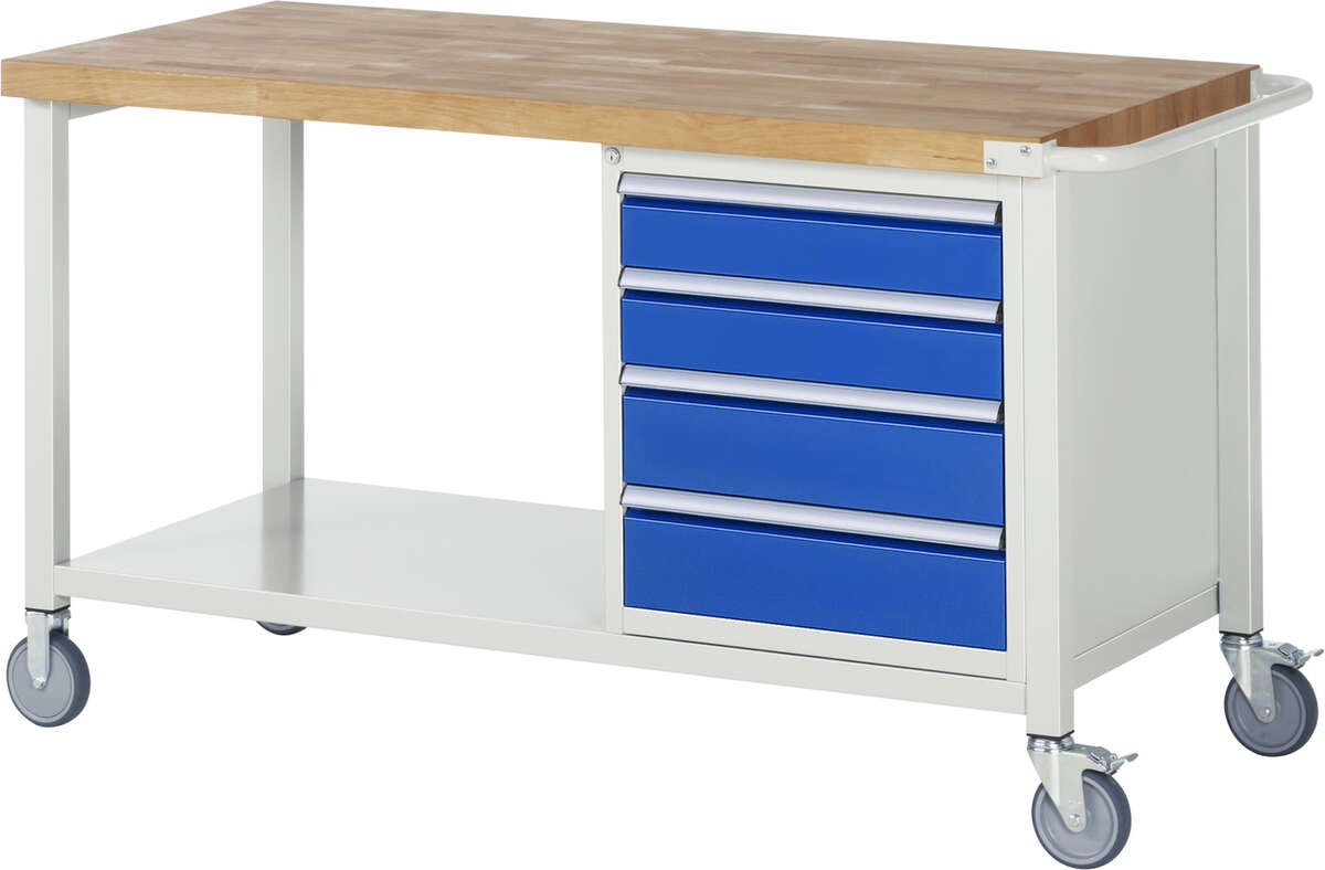 Fahrbare Werkbank Modell 8162, B 1500xT 700xH 880mm, Buche-Massiv-Platte 40mm