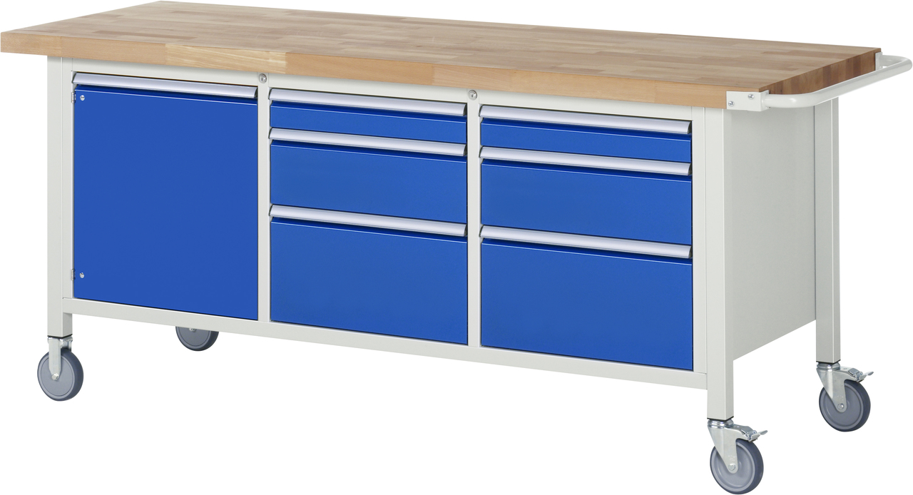 Fahrbare Werkbank Modell 8570, B 2000xT 700xH 880-1080mm, Buche-Massiv-Platte 40mm