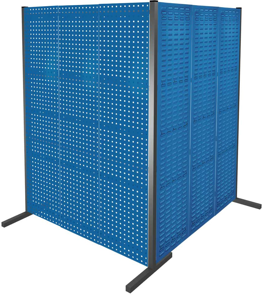 Werkzeugwand mit Loch- /Schlitzplatten, Doppelfeld 90° Winkel, Länge 1500 / 1500 mm