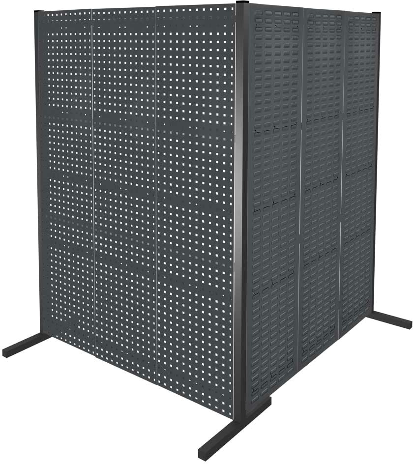 Werkzeugwand mit Loch- /Schlitzplatten, Doppelfeld 90° Winkel, Länge 1500 / 1500 mm