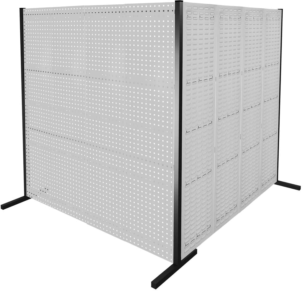 Werkzeugwand mit Loch- /Schlitzplatten, Doppelfeld 90° Winkel, Länge 2000 / 2000 mm