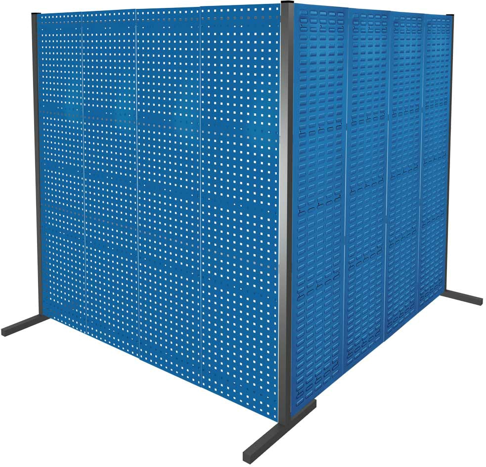 Werkzeugwand mit Loch- /Schlitzplatten, Doppelfeld 90° Winkel, Länge 2000 / 2000 mm