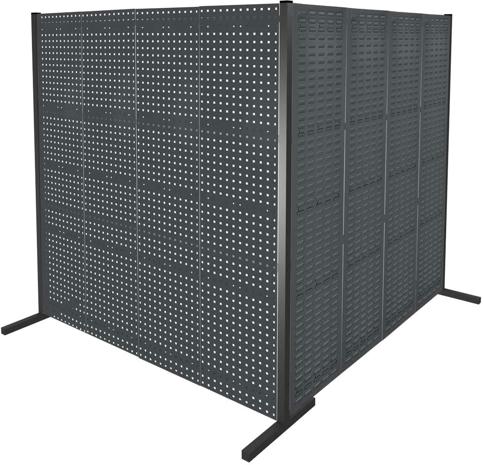 Werkzeugwand mit Loch- /Schlitzplatten, Doppelfeld 90° Winkel, Länge 2000 / 2000 mm