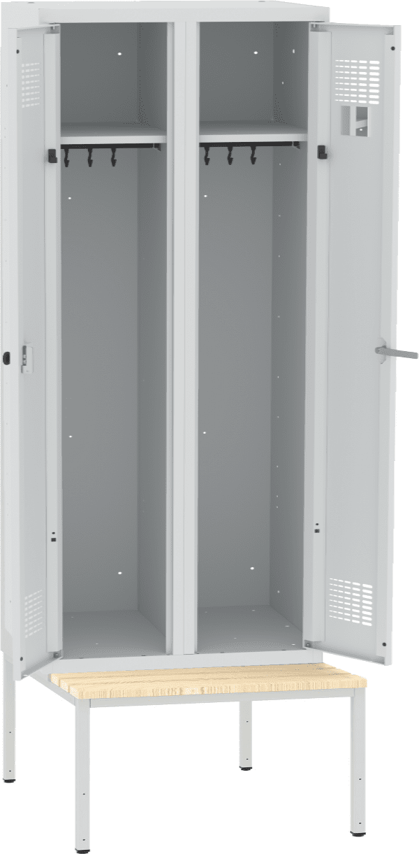 Garderobenschrank 2 Abteile mit 400 mm Abteilbreite gemeinsam schliessend mit Sitzbank