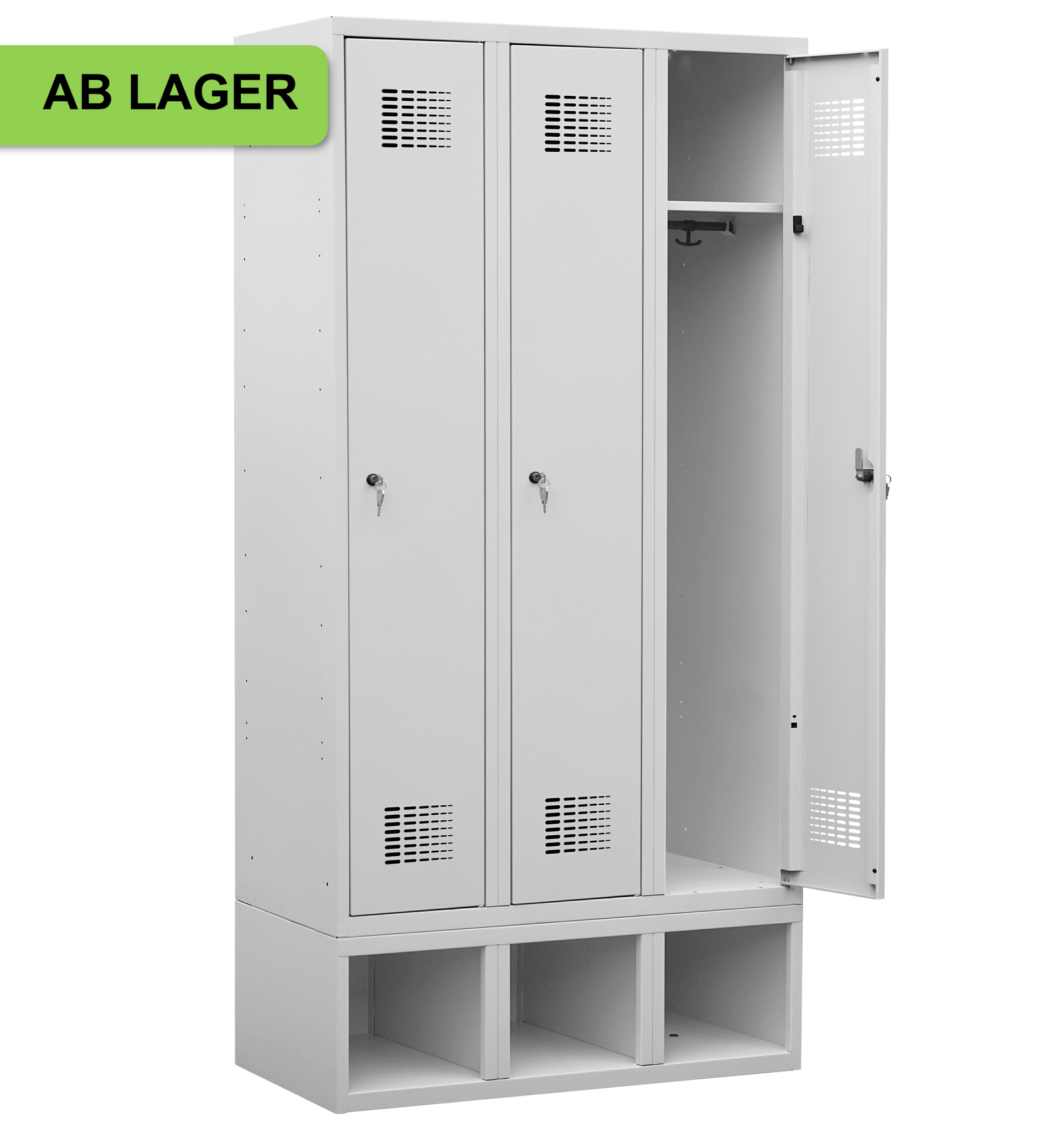 Garderobenschrank auf Schuhfach, 3 Abteile mit 400 mm Abteilbreite ab Lager