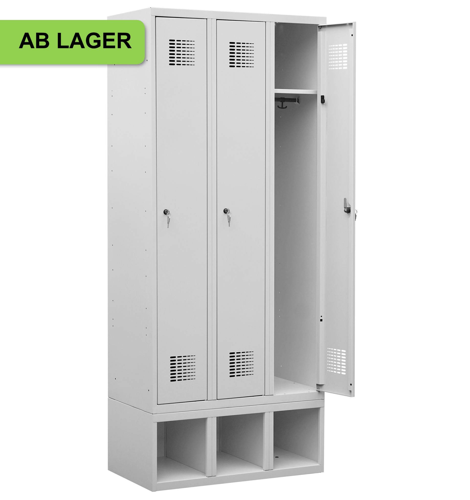 Garderobenschrank auf Schuhfach, 3 Abteile mit 300 mm Abteilbreite ab Lager