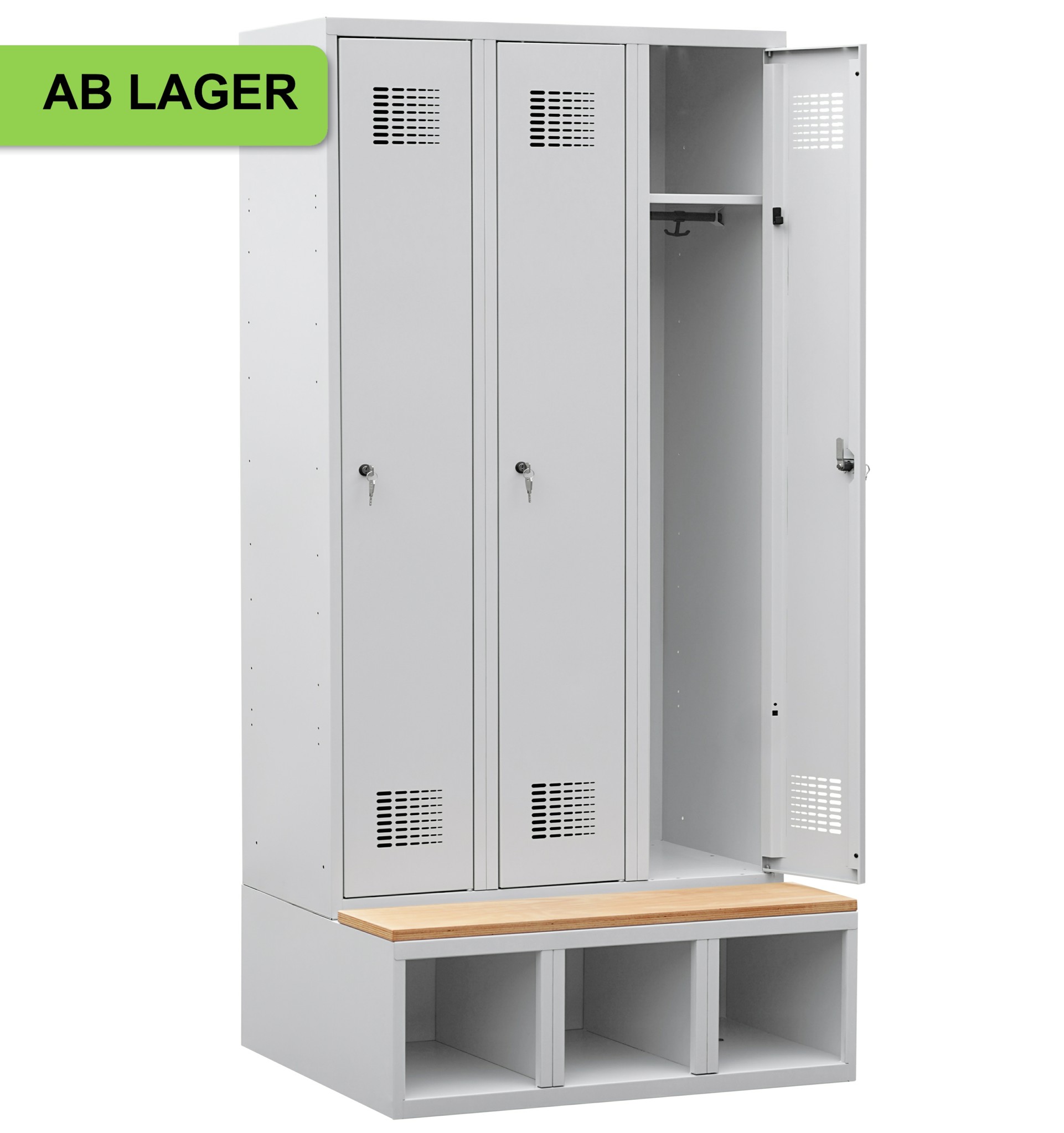 Garderobenschrank auf Schuhfach mit Sitzbank, 3 Abteile mit 400 mm Abteilbreite ab Lager