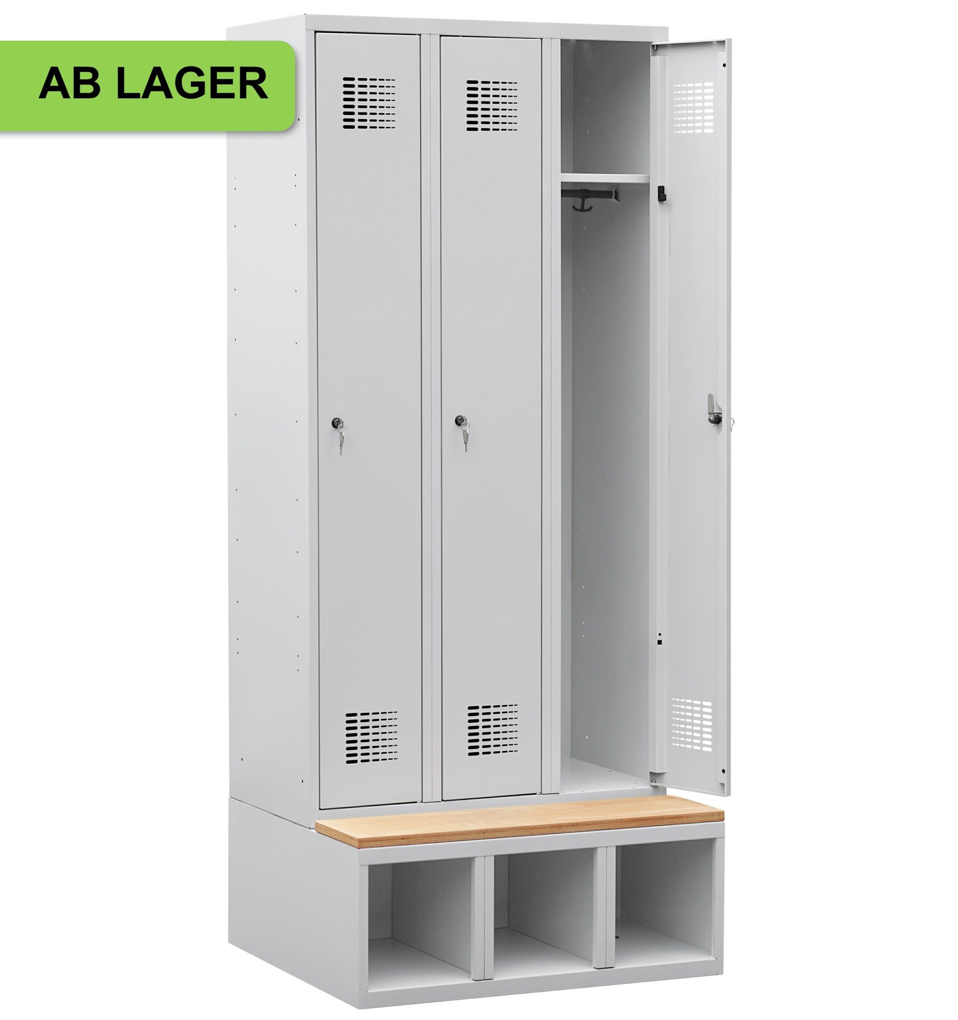 Garderobenschrank auf Schuhfach mit Sitzbank, 3 Abteile mit 300 mm Abteilbreite ab Lager