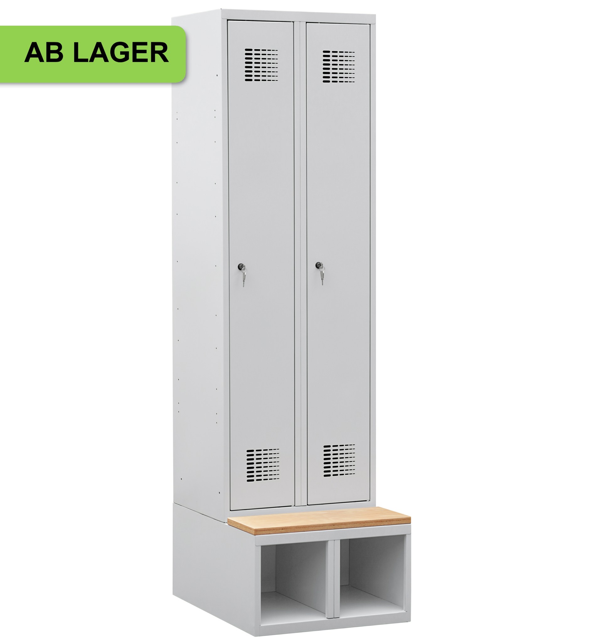 Garderobenschrank auf Schuhfach mit Sitzbank, 2 Abteile mit 300 mm Abteilbreite ab Lager