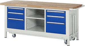 Werkbank mit absenkbarem Fahrgestell Modell 8564, B 2000xT 700xH 880mm, Buche-Massiv-Platte 40mm