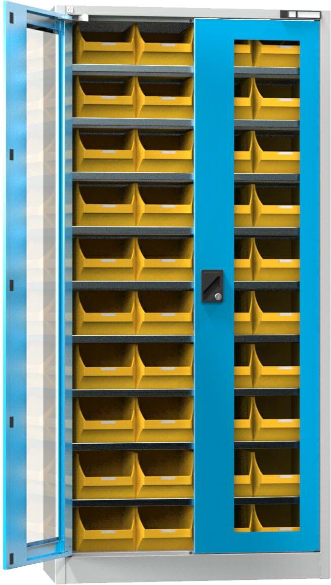 Werkstattschrank mit Türen und Glaseinsätzen und Behälter 1950x950x400 mm HxBxT UK1-B11S