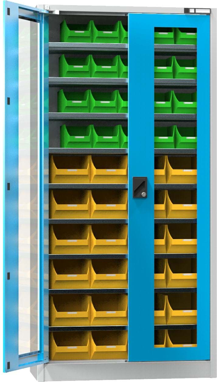 Werkstattschrank mit Türen und Glaseinsätzen und Behälter 1950x950x400 mm HxBxT UK1-B21