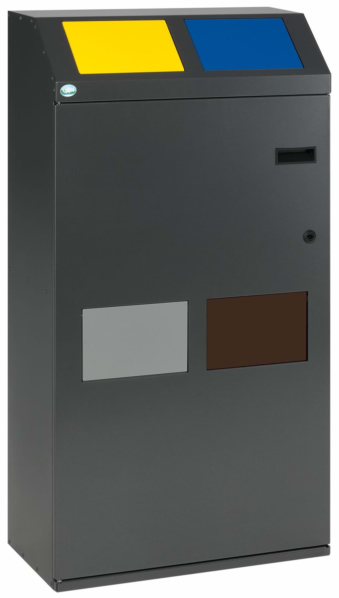 Wertstoffsammelstation WSS 115 4-Fach Korpus Eisenglimmer, Einwurfklappen gelb, silber, blau, braun