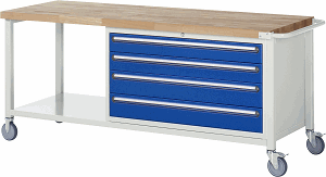 Fahrbare Werkbank Modell 8362, B 2000xT 700xH 880-1080mm, Buche-Massiv-Platte 40mm