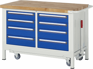 Werkbank mit absenkbarem Fahrgestell Modell 8477, B 1250xT 700xH 880mm, Buche-Massiv-Platte 40mm