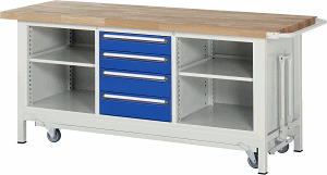 Werkbank mit absenkbarem Fahrgestell Modell 8566, B 2000xT 700xH 880mm, Buche-Massiv-Platte 40mm
