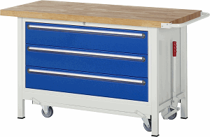 Werkbank mit absenkbarem Fahrgestell Modell 8357, B 1500xT 700xH 880mm, Buche-Massiv-Platte 40mm