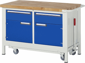 Werkbank mit absenkbarem Fahrgestell Modell 8466, B 1250xT 700xH 880mm, Buche-Massiv-Platte 40mm